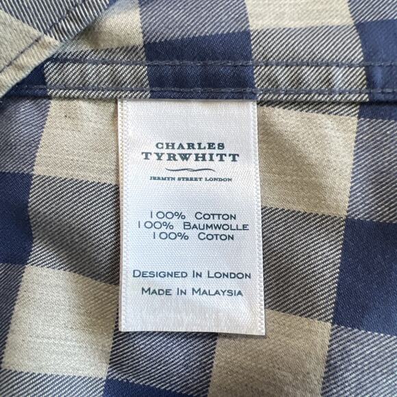 Charles Tyrwhitt Shirt Large Weekend No Iron Slim Fit Blue/Gray Check Preppy - Picture 6 of 9